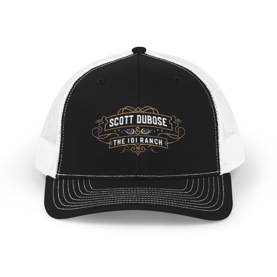 Black and white trucker snapback with the Scott DuBose and The 101 Ranch logo embroidered on the front